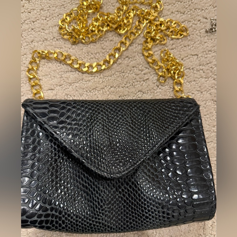 JJ Winters Hillary Bag Black Textured  Gold Chain